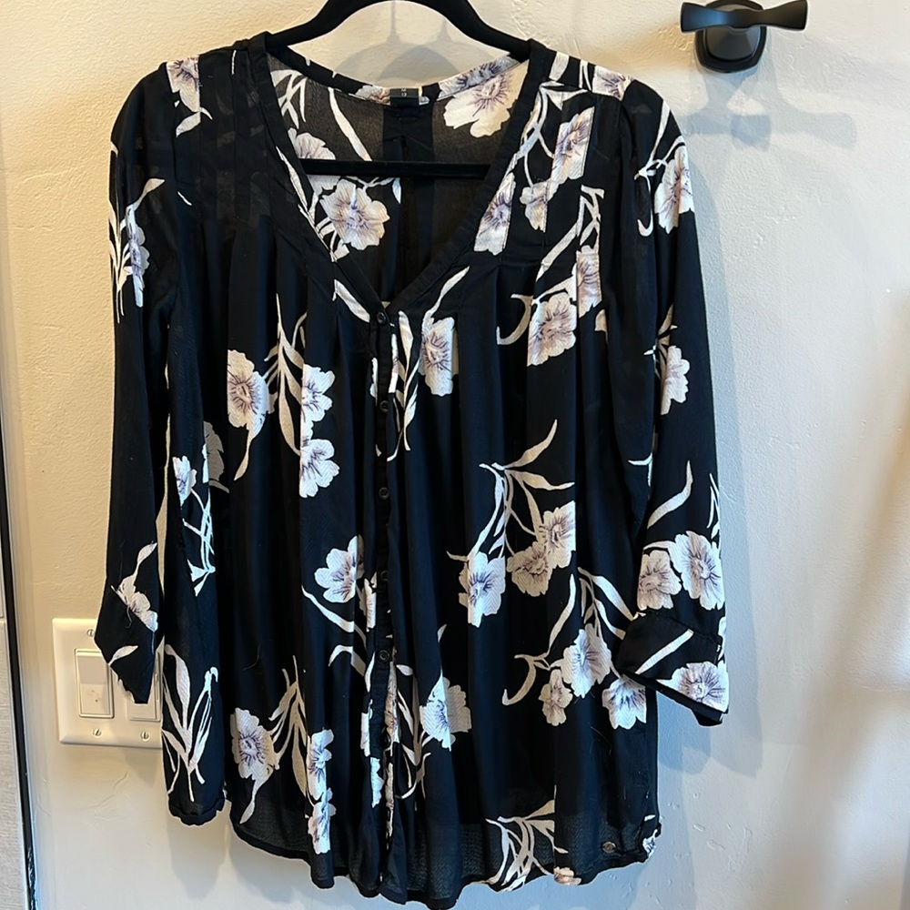 Volcom blouse, black floral, flowy, size M